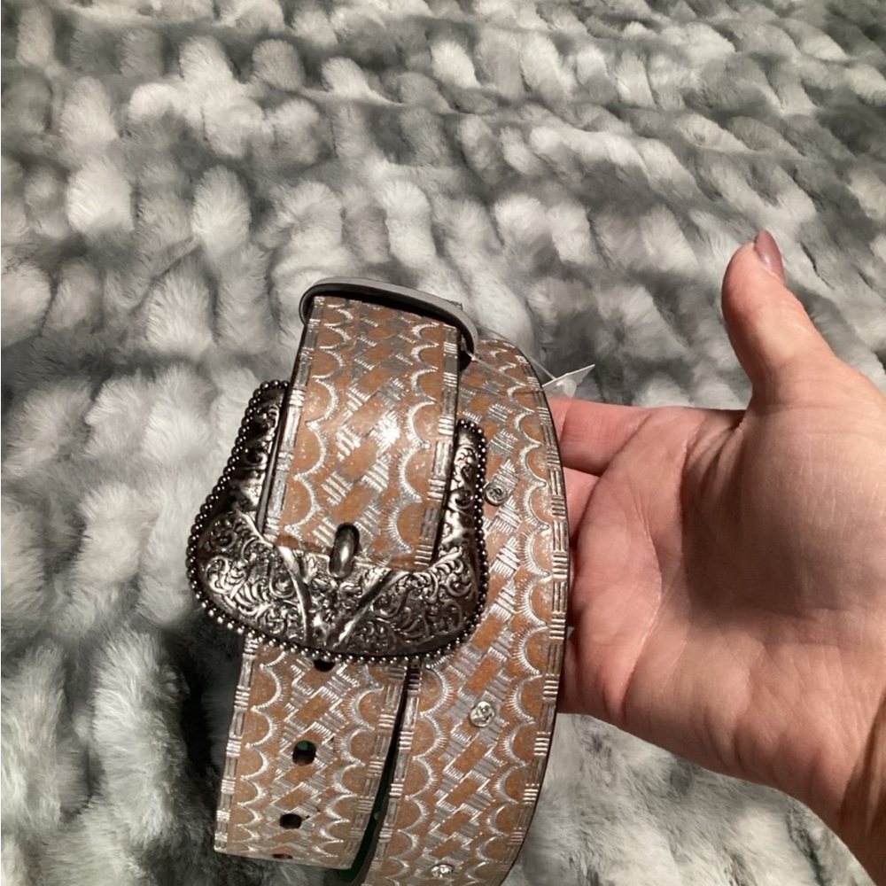 Elegant Silver and Tan Embossed Belt